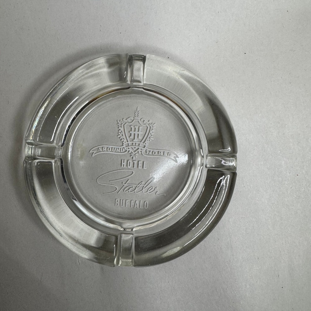 Vintage Hotel Statler Buffalo Clear Glass Ashtray Around the World Logo